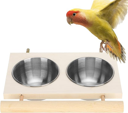 Bird Food Stainless Steel Cups, Parrots Feeding Dish Cups with Wooden Platform, Stainless Steel Food Water Feeder Cage Accessory with StandDouble Bowl