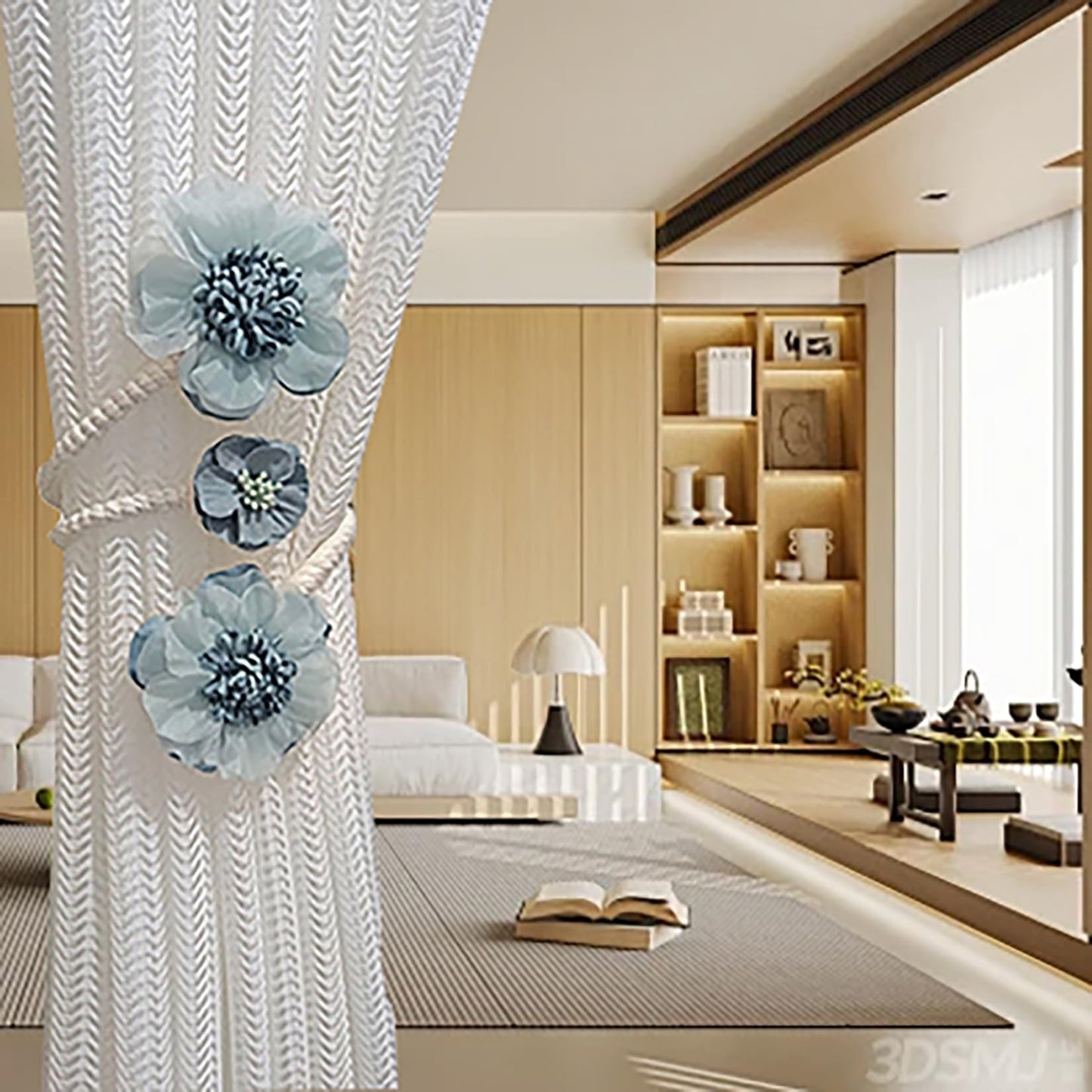Curtain Tiebacks 2 Packs, Artificial Flower Curtain Holdbacks Clips,Flexible Curtain Buckle Elegant Decorative for Home Living Room Bedroom (Blue)