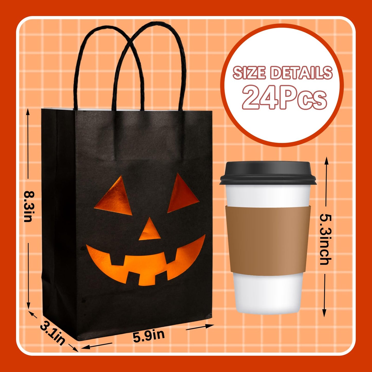 JarThenaAMCS 24Pcs Halloween Kraft Paper Bags with Handles Evil Pumpkin Gift Bags Orange Black Pumpkin Candy Goodie Bag for Birthday Trick or Treat Party Supplies