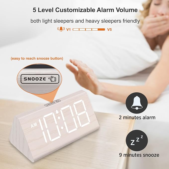 DreamSky Wooden Digital Alarm Clock for Bedroom with RGB Large Numbers | Electric Desk Clock, USB Port, Loud Alarm for Heavy Sleepers, Dimmer and Volume Control, Snooze, Wood Décor, Adapter Powered