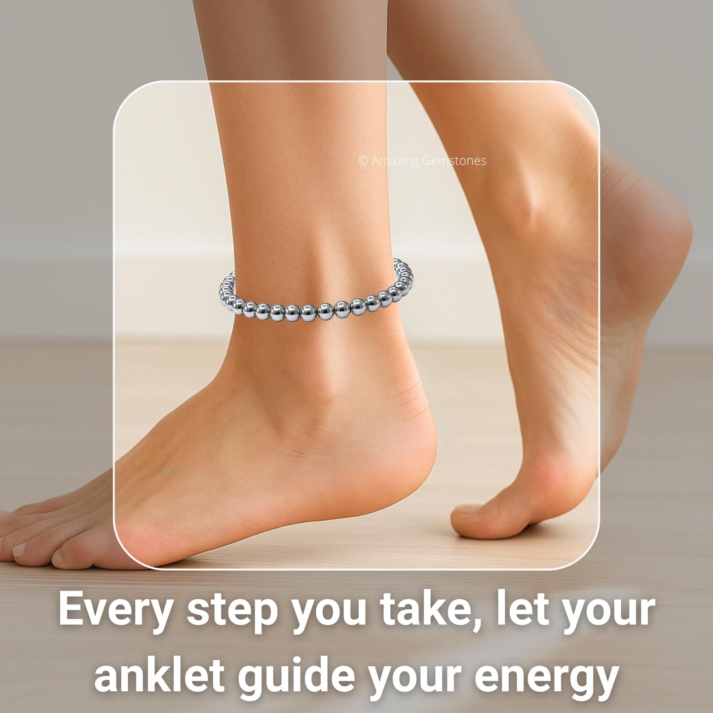 Amazing Gemstone Silver Hematite Anklet Ankle Bracelets for Women - Waterproof Beaded Healing Crystal Anklets, Plus Size Chakra Gemstone Bead Anklet (Stretchy Adjustable - Plain)
