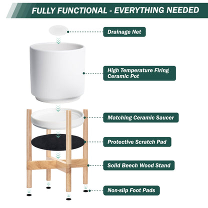 D'vine Dev Ceramic Planter with Natural Stand - 10 Inch Modern Round Flower Pot with Wood Planter Holder, White, 55-B-K-1