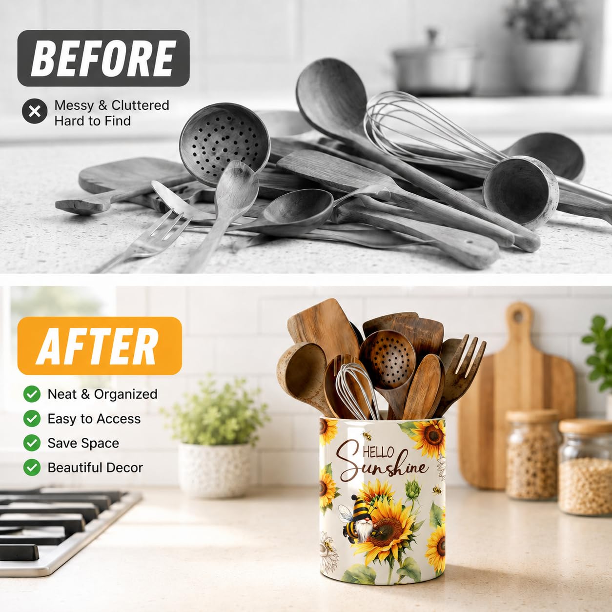 DPOTHK Bee Gnome Utensil Holder, Ceramic Kitchen Utensil Holder, Utensil Crock for Home Kitchen Countertop Storage Organizer Container, Large Holder for Spatulas, Spoons, Kitchen Counter Decor, 6"
