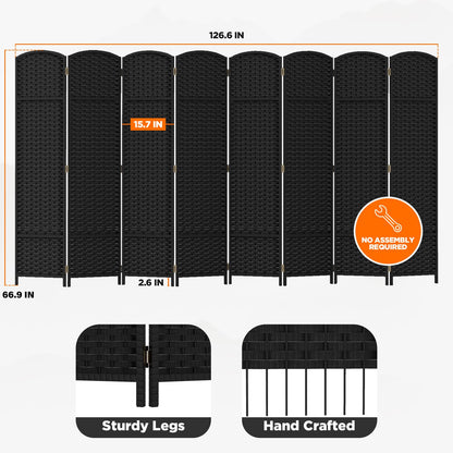 Room Divider 8 Panel Screen 5.6 Ft Tall Partition Room Dividers Black Privacy Screens Folding Room Separation Free Standing Waterproof Wood Frame Wall Divider