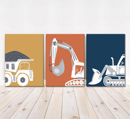 3 Pcs Construction Truck Nursery Canvas Wall Art Excavator Dump Truck Tractor Painting Picture Wall Decor Poster Print Artwork Kids Room Boys Room Baby Room Home Decoration