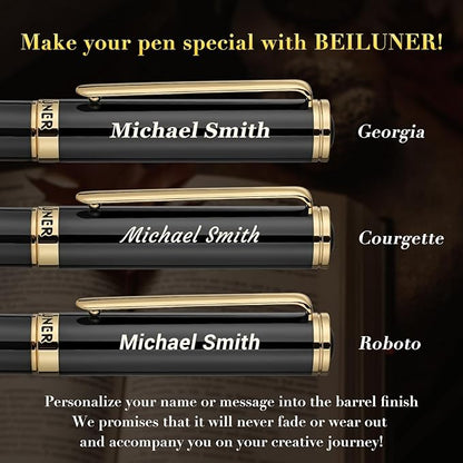 BEILUNER Black Personalized Pen,Stunning Luxury Lacquer With 24K Gold,Schneider Ink Refills,Multiple Fonts To Custom Rollerball,Gift Pen For Men & Women,Executive,Graduation,Christmas,Nice Pens