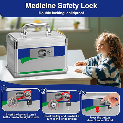 Medicine Lock Box for Safe Medication - 10 x 6 x 6.7 Inches - Lockable Storage Box for Drugs, First Aid Kit Empty, Lock Boxes with Key for Home/Outdoor (Blue/Small)