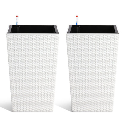 MilleLoom Set of 2 Tall 16-Inch Self-Watering Rattan Planters for Indoor & Outdoor – Large White Flower Pots with Drainage, Water Level Indicator & Trays, Modern Patio and Home Décor