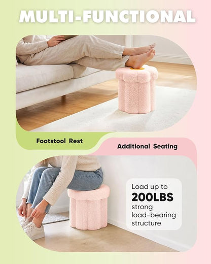 B FSOBEIIALEO Storage Ottoman Foldable, Sunflower Shaped Small Footrest Collapsible Folding Seat Bench for Bedroom Living Room Entryway, Faux Teddy Fur, Pink 12.6"x12.6"x11.4"