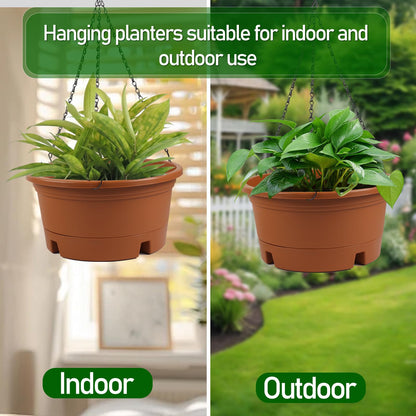 12 Inch Large Hanging Planters for Ootdoor Plants, 4 Pack Plastic Hanging Basket Pots with Drainage Trays & Chain, Hanging Pots for Plants Indoor Outdoor Garden Balcony Decoration (Terracotta)