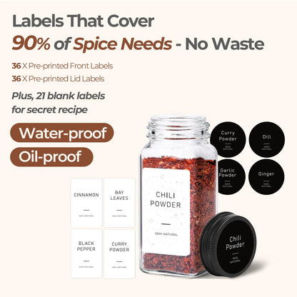 ComSaf Aesthetic Minimalist Glass Spice Jars with Labels, 24Pcs 4oz Empty Spice Containers with 93 Labels, Metal Funnel, Extra Shaker Lids, Square Spice Bottles for Kitchen Organization