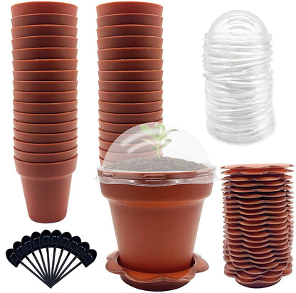PURPLE STAR 1N 30 Pack Cupcake Plant Nursery Pots with Humidity Dome- Small Plastic Flower Pots with Saucers and Shovel for Indoor Outdoor Seedling Succulent Vegetable