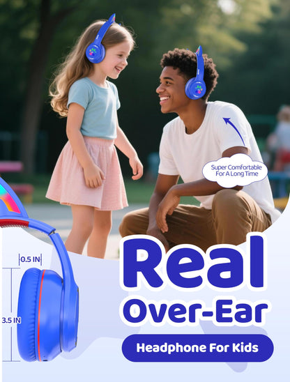 MIDOLA Kids Headphones Cat Ear Wireless Bluetooth 5.3 60H Over Ear, 8H with Led Light Foldable Headset with Aux 3.5mm Mic for Travel Pad Tablet Blue