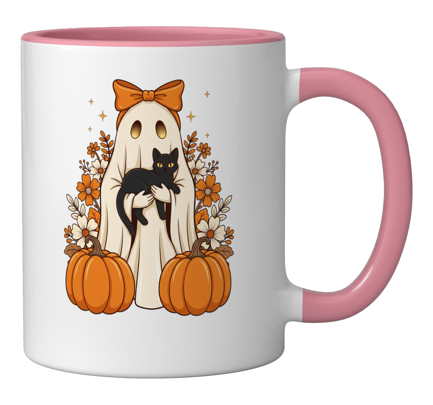 Halloween Ghost Holding Black Cat Pumpkin Floral Cute Spooky Ceramic Mug, Pink/White