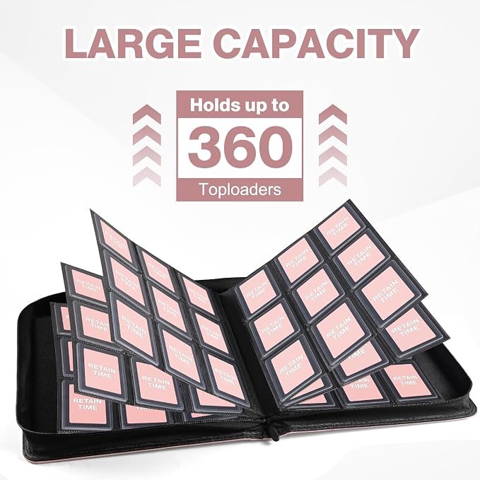 Toploader Binder, Holds 360 Toploaders, 100 Toploaders INCLUDED, 9-Pocket PU Cover Top Loader Binder for 3" x 4" Rigid Toploader, Ringless Double-Sided Toploader Card Binder for TCG, Sport Cards