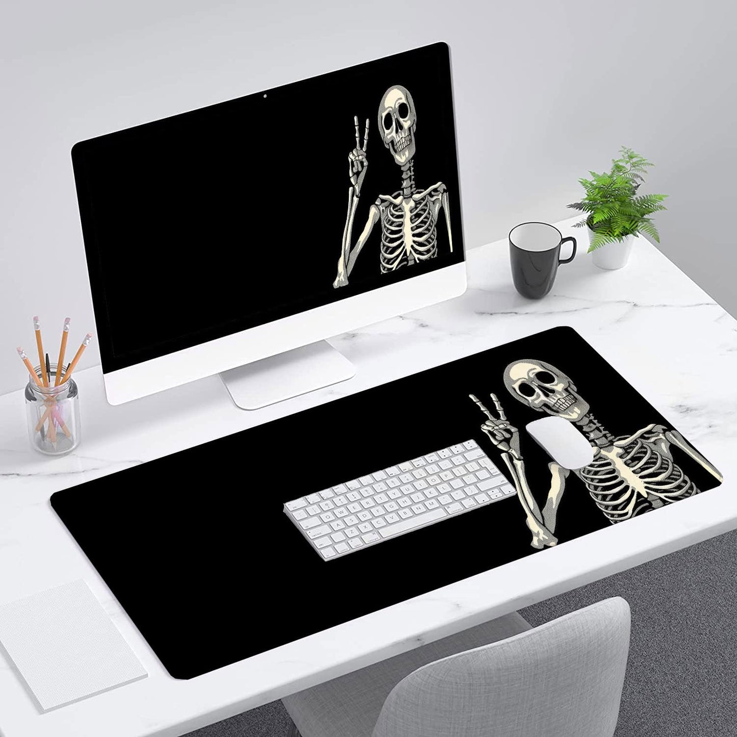Skull Skeleton Desk Pad Mouse Pad Funny Black Halloween Mousepad XL Large Gaming Mouse Pad Laptop Keyboard Mat Desk Pad 31.5"x11.8" Office Home Decor for Women Girl