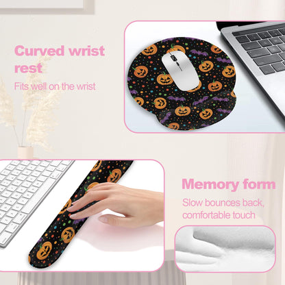 Halloween Pumpkin Bat Keyboard Wrist Rest Pad Mouse Pad Set,Ergonomic Mousepad Wrist Support Memory Foam Desk Pad for Gaming Office,Non-Slip Rubber Base Easy Typing for Home Office Computers