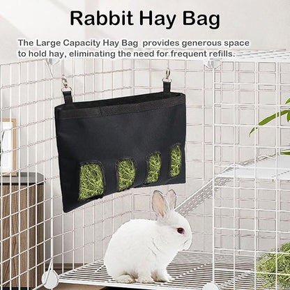 Rabbit Hay Feeder - Large Capacity Oxford Cloth Hanging Hay Bag - 4 Holes - 1 Pcs (Black)