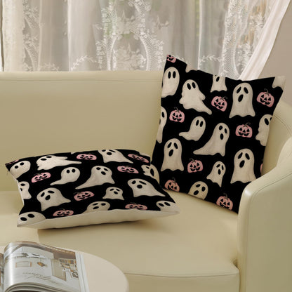 Halloween Pillow Covers 18x18 Inch Set of Black Pink Ghost Pumpkin Throw Pillow Covers Outdoor Decor,Autumn Halloween Decoration Ghost Farmhouse Linen Decorative Cushion Cover for Sofa Couch