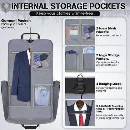 RAINSMORE Garment Bags for Travel Carry On Garment Bag for Hanging Clothes, Suit Bag for Business Trips with Shoes bag & Shoulder Strap, Waterproof Foldable Suit Luggage Bag for Men Women, Black