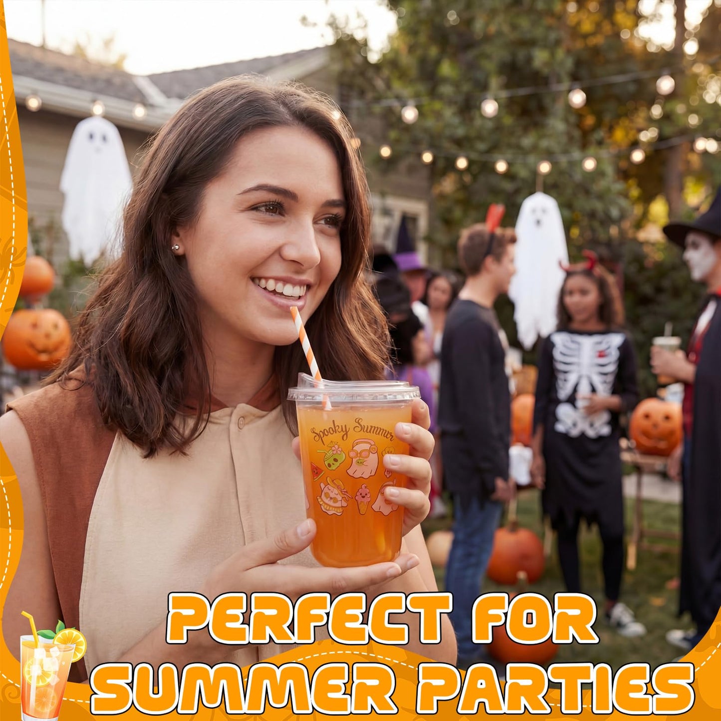 Rtteri 50 Sets Spooky Summer Plastic Cups with Lids and Straws 16 oz Disposable Clear Ghost Themed Cups Bulk for Iced Coffee Juice, Summer Halloween Birthday Party Decorations