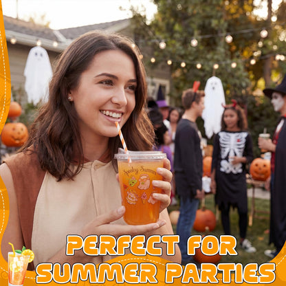 Rtteri 50 Sets Spooky Summer Plastic Cups with Lids and Straws 16 oz Disposable Clear Ghost Themed Cups Bulk for Iced Coffee Juice, Summer Halloween Birthday Party Decorations