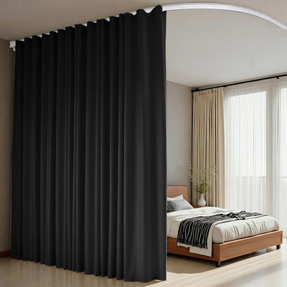 Room Divider Curtains Flexible Ceiling Tracks set,Blackout Ceiling Track Curtain for Sliding Glass Door Living Room Bedroom,Ceilings Curtain Rod Privacy Divider Panel W100xH84 Black Drape&White rail