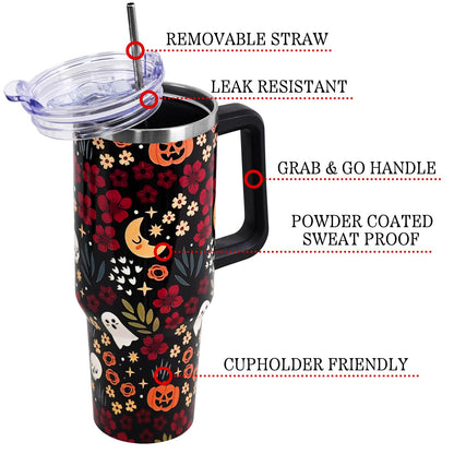 Halloween Tumbler with Lid and Straw 40oz,Fall Skulls Ghost Pumpkins Flower Vacuum Insulated Leak Proof Tumbler,Goth Cute Spooky Gift Women Girls,Thanksgiving Accessories Stainless Steel Coffee Cup