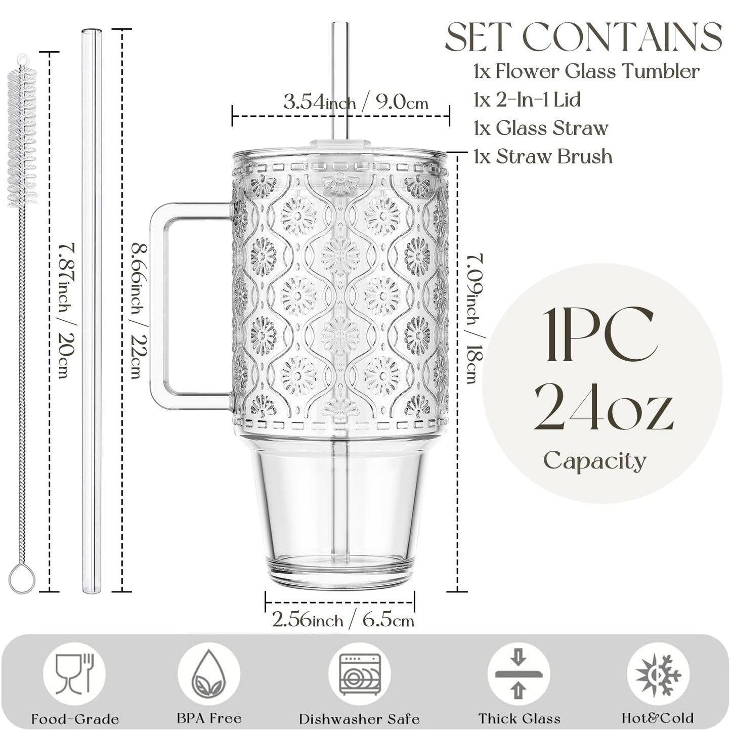 KEMORELA 24 Oz Ribbed Glass Tumblers with Lids and Straws, Tumbler Cup with Handle, Iced Coffee Glassware, Clear Reusable Drinkware for Smoothies and Beverages(1)