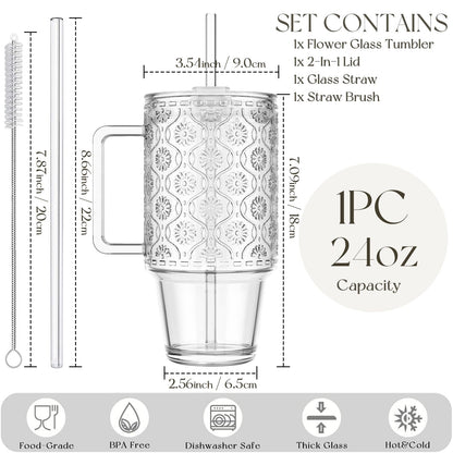 KEMORELA 24 Oz Ribbed Glass Tumblers with Lids and Straws, Tumbler Cup with Handle, Iced Coffee Glassware, Clear Reusable Drinkware for Smoothies and Beverages(1)