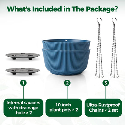 T4U 10 Inch Hanging Planters for Indoor Outdoor Plants, Hanging Baskets for Plants Pack of 2, Self Watering Hanging Pots with Drainage Hole for Garden Home Decor, Blue