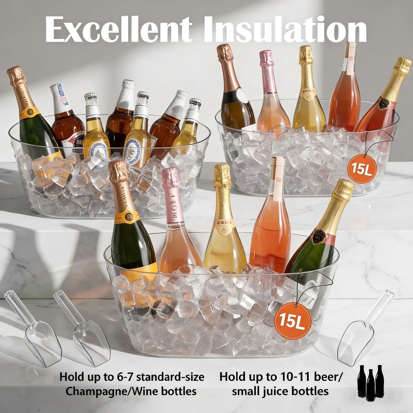 2 PCS Ice Buckets for Parties, 15L Large Ice Bucket, 4 Gallon Clear Acrylic Champagne Wine Buckets with 2 Scoops, Beverage Tub Mimosa Bar Supplies for Champagne, Beer, Cocktail