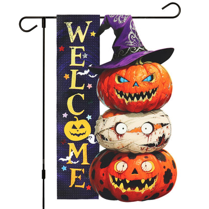 Halloween Pumpkin Monster Garden Flags 12x18 Inch Double Sided, Welcome Funny Small Yard Flags for Outside, Farmhouse Front Porch Outdoor Fall Decor Holiday All Seasons Decoration