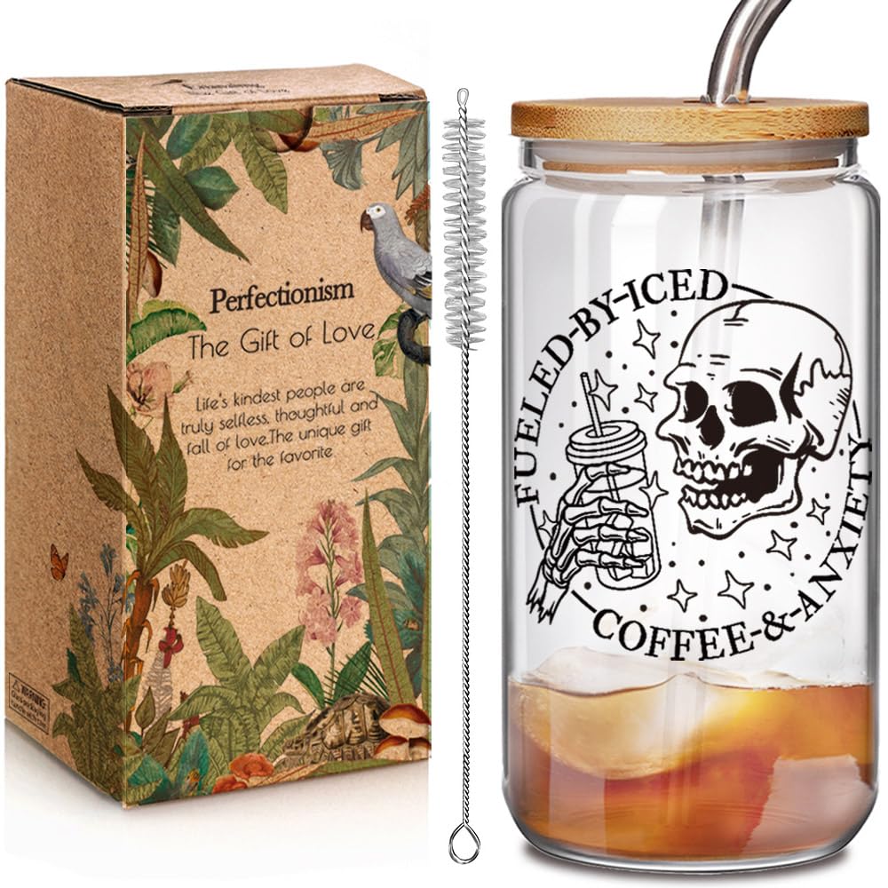 Enanaimg Fueled by Iced Coffee and Anxiety Skull 16 oz Coffee Mug with Lids and Straws, Skeleton Cup, Skull Gifts for Women, Funny Witchy Skeleton Gifts for Women, Friend, Sister, Mom
