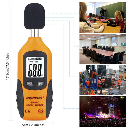 Decibel Meter, RISEPRO® Digital Sound Level Meter 30 – 130 dB Audio Noise Measure Device Backlight MAX/MIN, Data Hold Auto Power Off Dual Ranges HT-80A