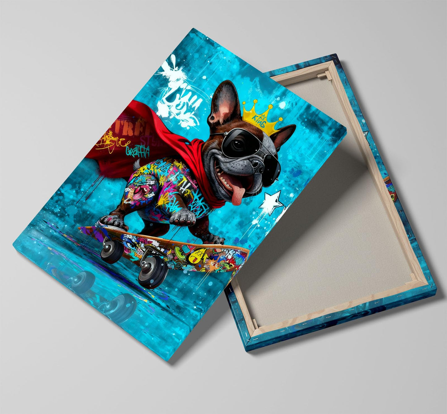 16x24 Graffiti Blue Skateboard Bulldog Canvas Wall Art Gallery Framed Poster Cartoon Dog Watercolor Painting Child Animals Bedroom Pictures Funny Pop Home Decor Teen Boy Kids Room Bathroom Prints