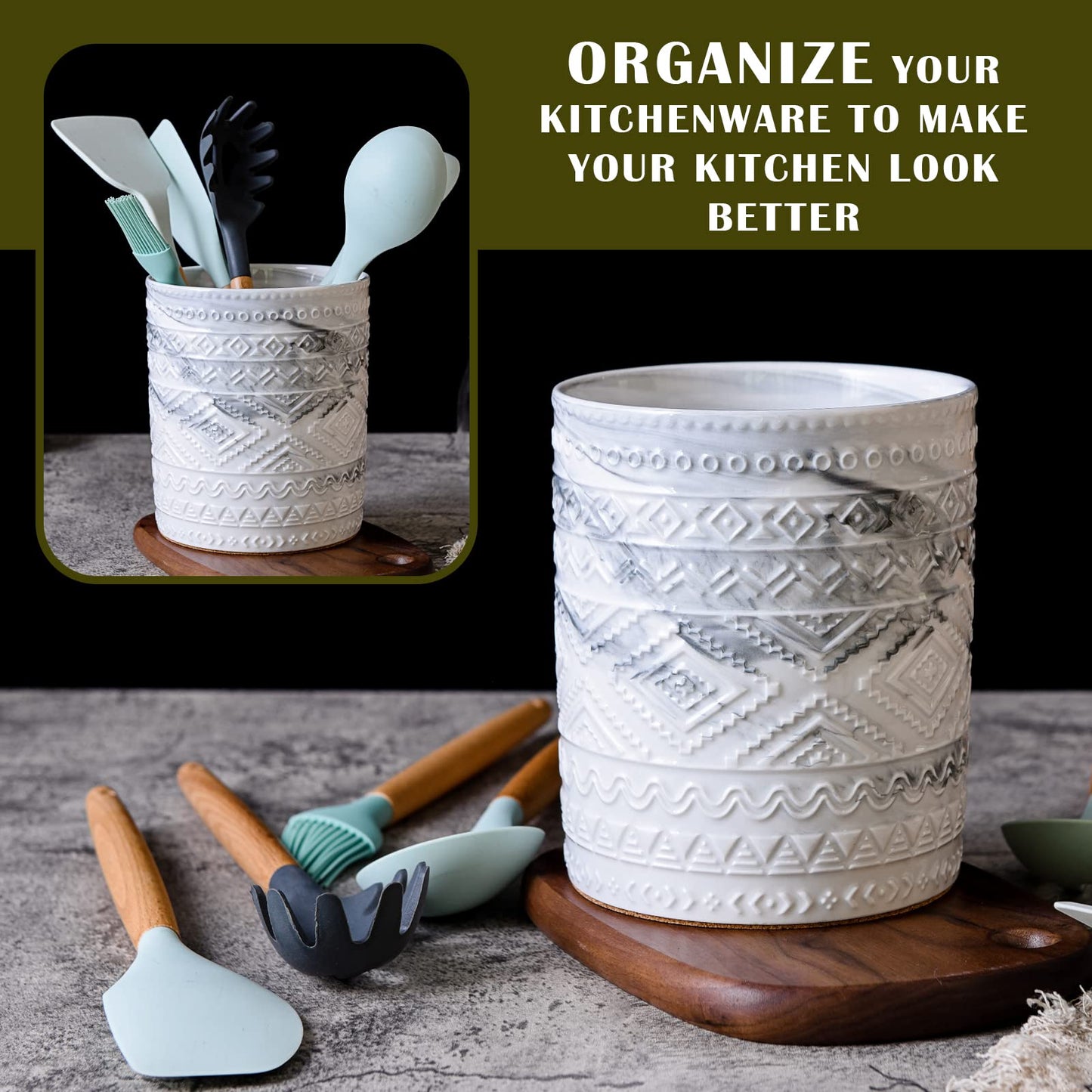 Yundu Grey Ceramic Marble Kitchen Utensil Holder for Countertop, Utensil Crock for Home Décor