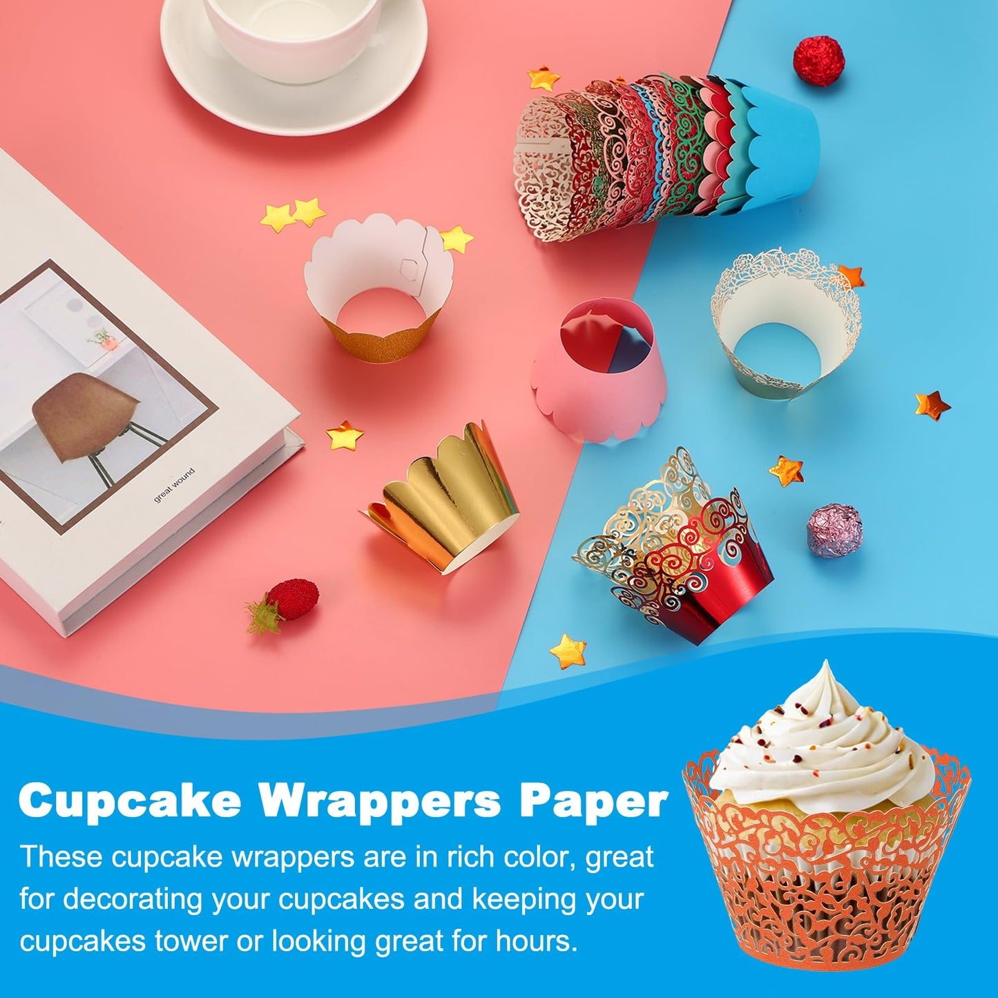 PATIKIL Cupcake Wrappers Paper, 50 Pack Baking Cups Standard Vine Decoration for Anniversary Birthday Weddings and Parties, Orange Red