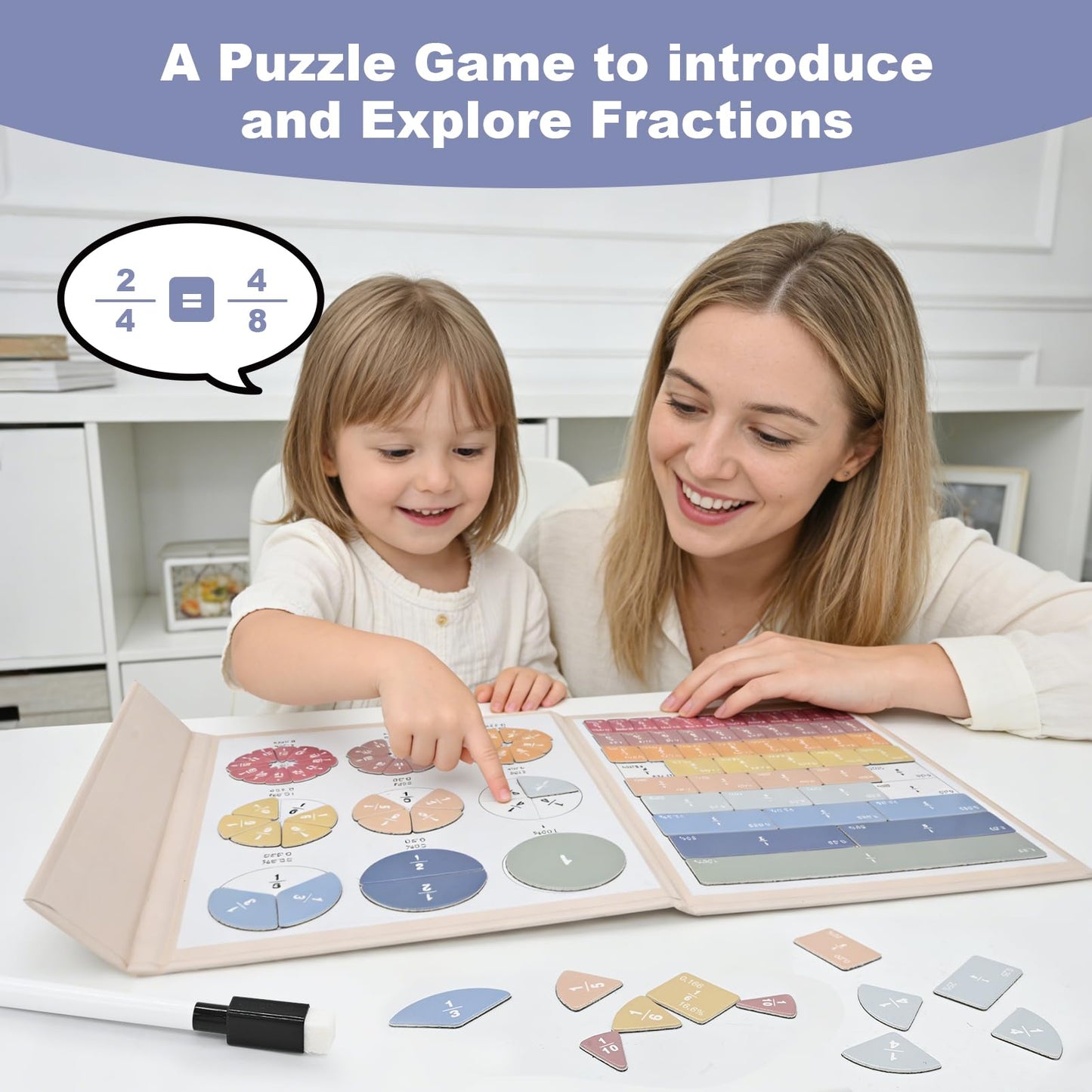 Magnetic Fraction Educational Puzzle, Magnetic Fraction Tiles & Fraction Circles Set, Math Manipulatives for Elementary School, Montessori Fraction Learning Toys for Kids Early Math Skills