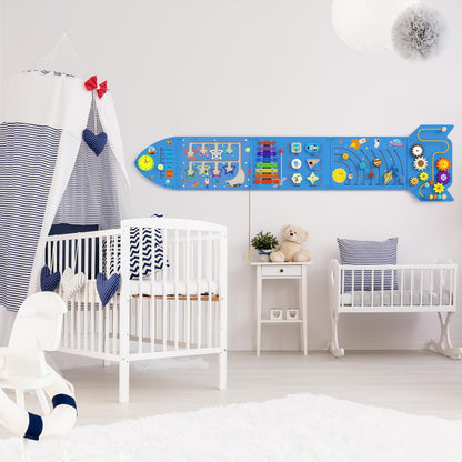 nigwet Rocket Activity Wall Busy Board Panels - Sensory Wall Panel for Kids, Montessori Toddler Wall Activity Board, Wall Toys for Toddlers 3, Activity Cube, Wooden Boards, Blue