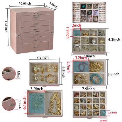 BOOVO Jewelry Box For women, 6 Layer Large Jewelry Organizer With Mirror, Multi-Function Storage Box With Lock, Accessory Holder With 5 Drawers, For Earrings Necklace Ring Bracelet (Rose Gold)