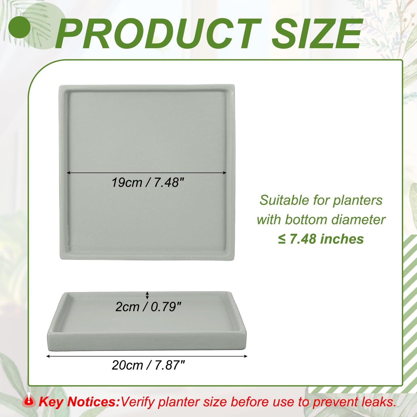 YELARXI 7.5 Inch Ceramic Plant Saucers, Square Flower Planter Water Trays Ceramic Plant Saucer Pot Tray -Fitting for (Outdoor/Indoors/Garden/Planting/Water/Flower/Coffee) Light Gray