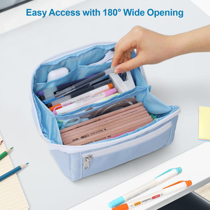 BrainyBees Large Capacity Pencil Case - Pencil Pouch for Teen Girls & Boys, Aesthetic Pouch Organizer with 8 Compartments, Wide Opening Marker Bag for Middle High School College, Fits Calculator, Blue