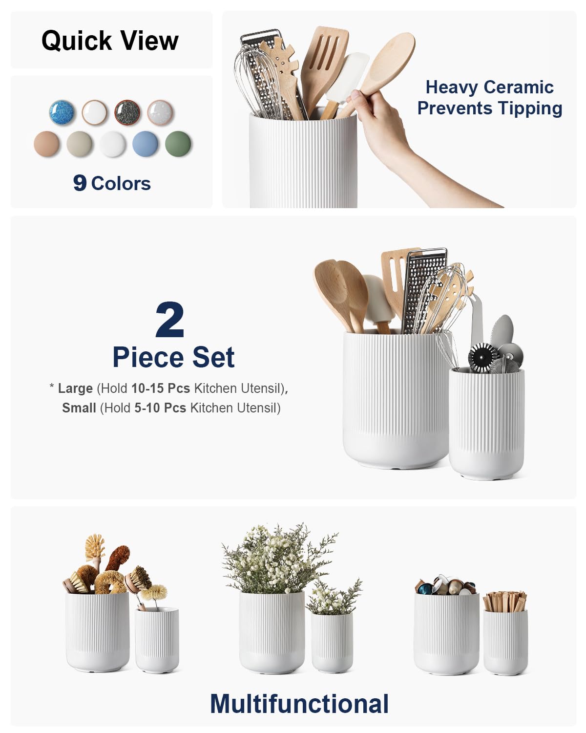 LE TAUCI Utensil Holder for Kitchen Counter, 7.3"+5.4" Fluted Ceramic Utensil Crock Organizer for Countertop, Heavy Large Holder for Spatulas, Spoons, Set of 2, White, Kitchen Counter Decor