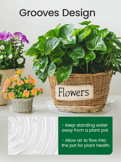 GROWNEER 15 Pack of 6, 8, 10 Inches Clear Plant Saucers Flower Pot Trays, with 15 Pcs Plant Labels, Plastic Plant Drip Trays for Indoor Outdoor Plants Garden, 5pcs of Each Size