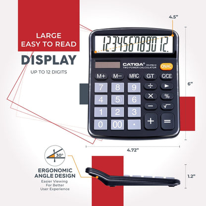 CATIGA Desktop Calculator (2 Pack) 12 Digit with Large LCD Display and Sensitive Button, Solar and Battery Dual Power, Standard Function for Office, Home, School, CD-2786 (2 Black)