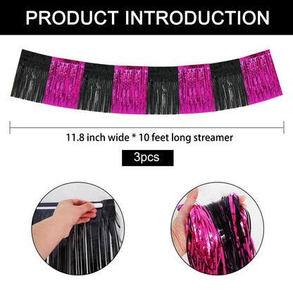 BEISHIDA 3 Packs Metallic Foil Fringe Garland Black Hot Pink Wall Hanging Tinsel Fringe Banners for Car Floats Bridal Shower Wedding Birthday Graduation Holiday Party Decoration(30 Feet)