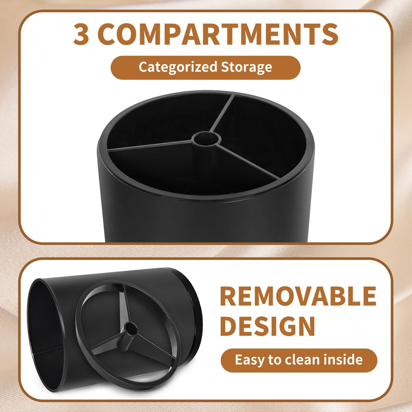 Nigelia Extra Large Kitchen Utensil Holder, 360° Rotating Stainless Steel Cooking Utensil Holder for Countertop, 3 Compartment Flatware Organizer & Cooking Caddy with Removable Base（Black）