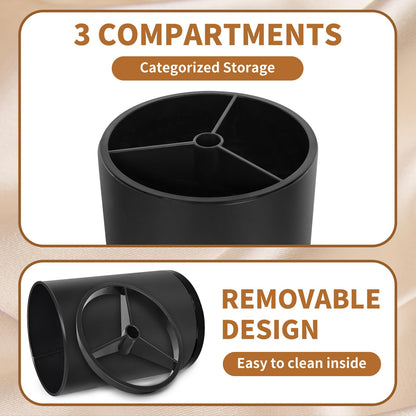 Nigelia Extra Large Kitchen Utensil Holder, 360° Rotating Stainless Steel Cooking Utensil Holder for Countertop, 3 Compartment Flatware Organizer & Cooking Caddy with Removable Base（Black）