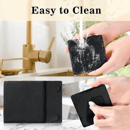 Slate Coasters Set 12, MAPRIAL 4 Inch Square Rustic Black Stone Coasters for Drinks with Anti-Scratch Backing for Halloween, Bar, Kitchen, Housewarming Gifts, Home Decor